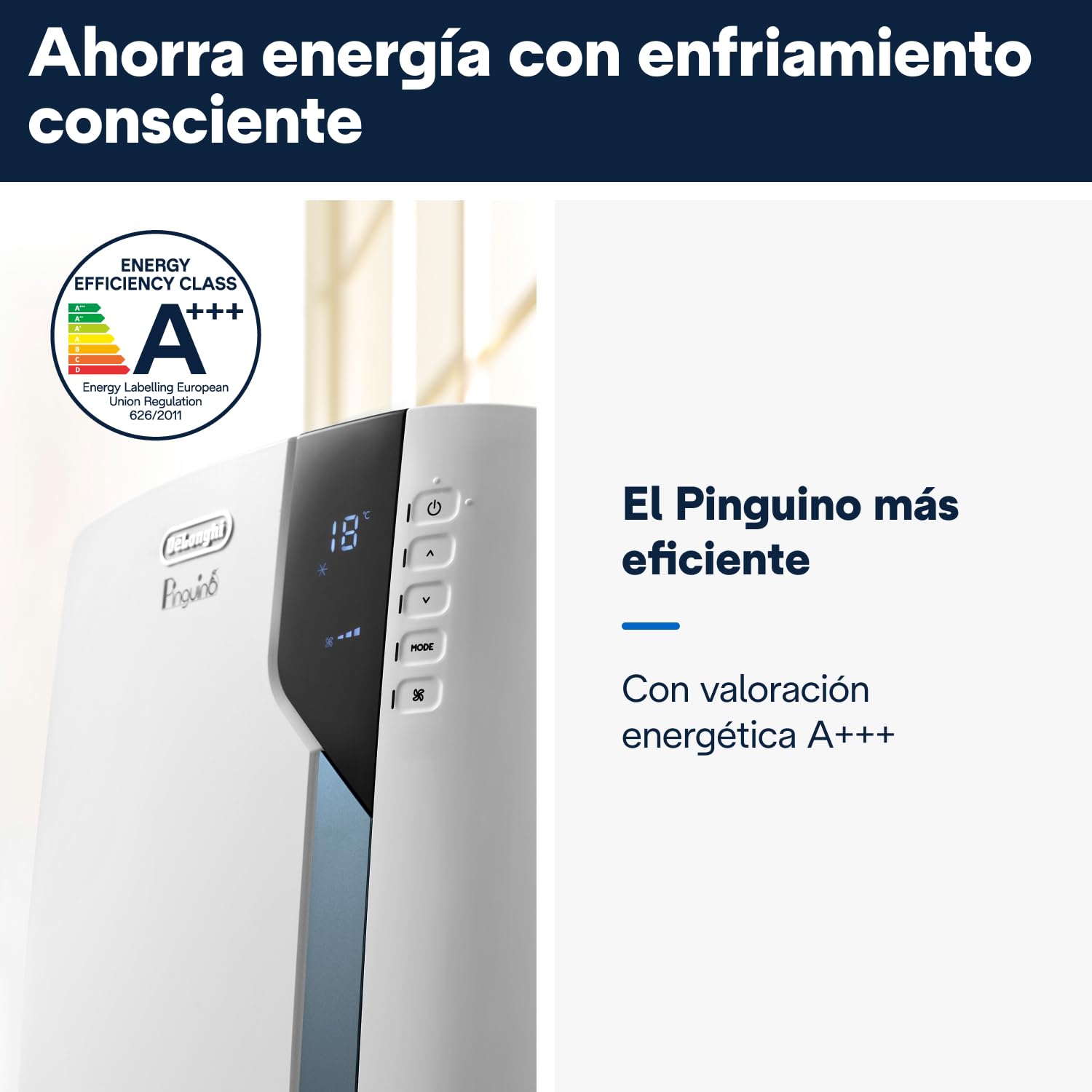 De'Longhi Pinguino PAC EX105+++ Aire Acondicionado Portátil 10.000 BTU/h - EcoRealFeel, A+++, Deshumidificador