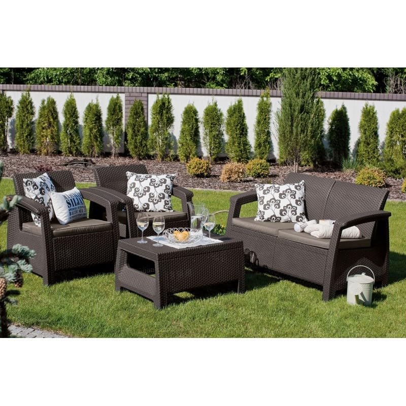 Keter Corfu Set Jardín 4 Plazas + Mesa, Cojines, Ratán Plano Marrón