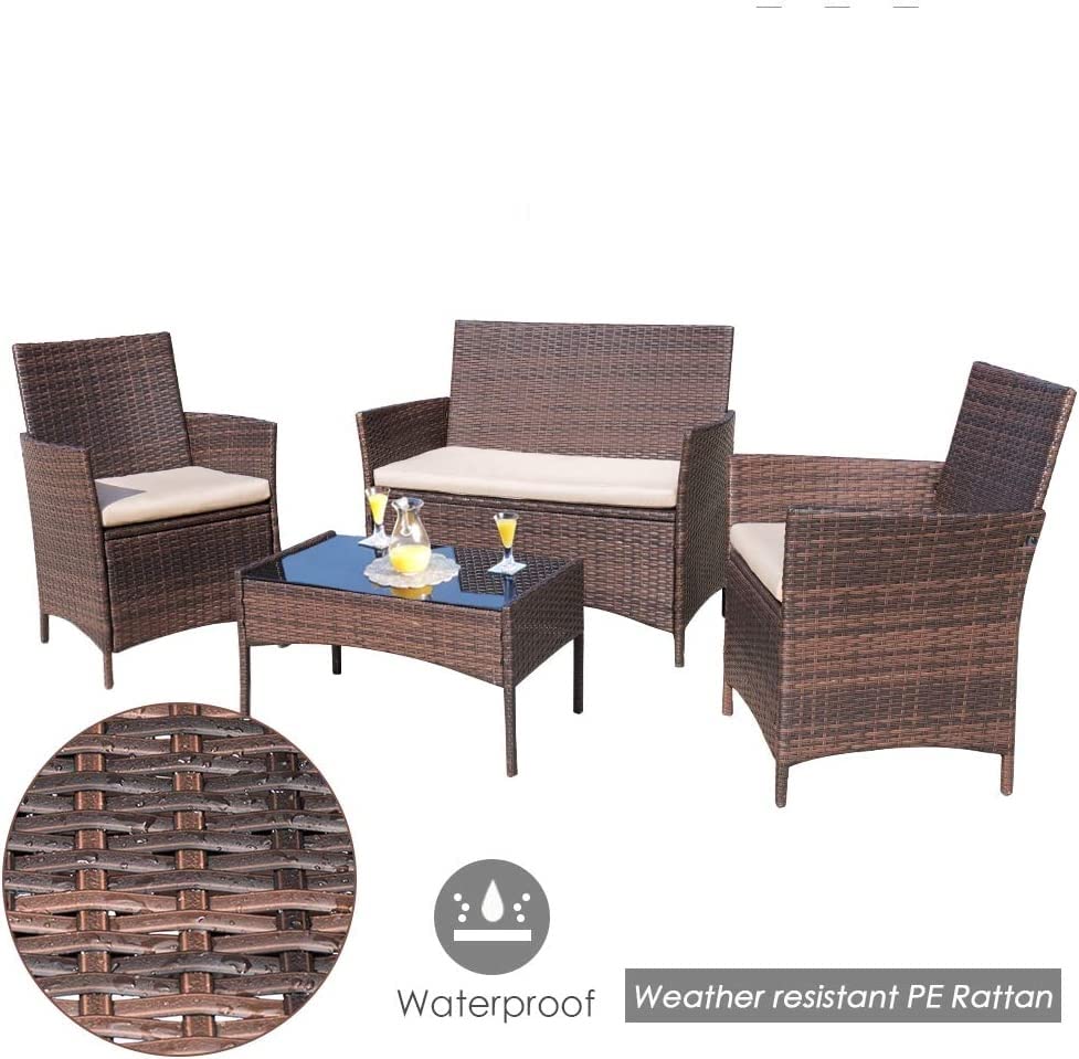 JINPALAY Set Jardín 4 Pzas: 2 Sillones + Sofá Doble + Mesa, Ratán
