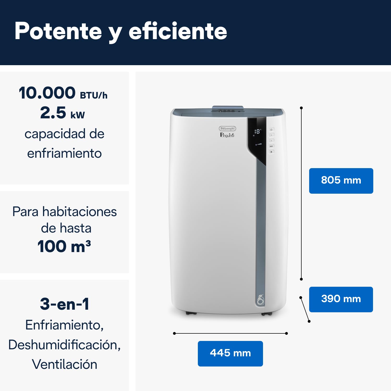 De'Longhi Pinguino PAC EX105+++ Aire Acondicionado Portátil 10.000 BTU/h - EcoRealFeel, A+++, Deshumidificador