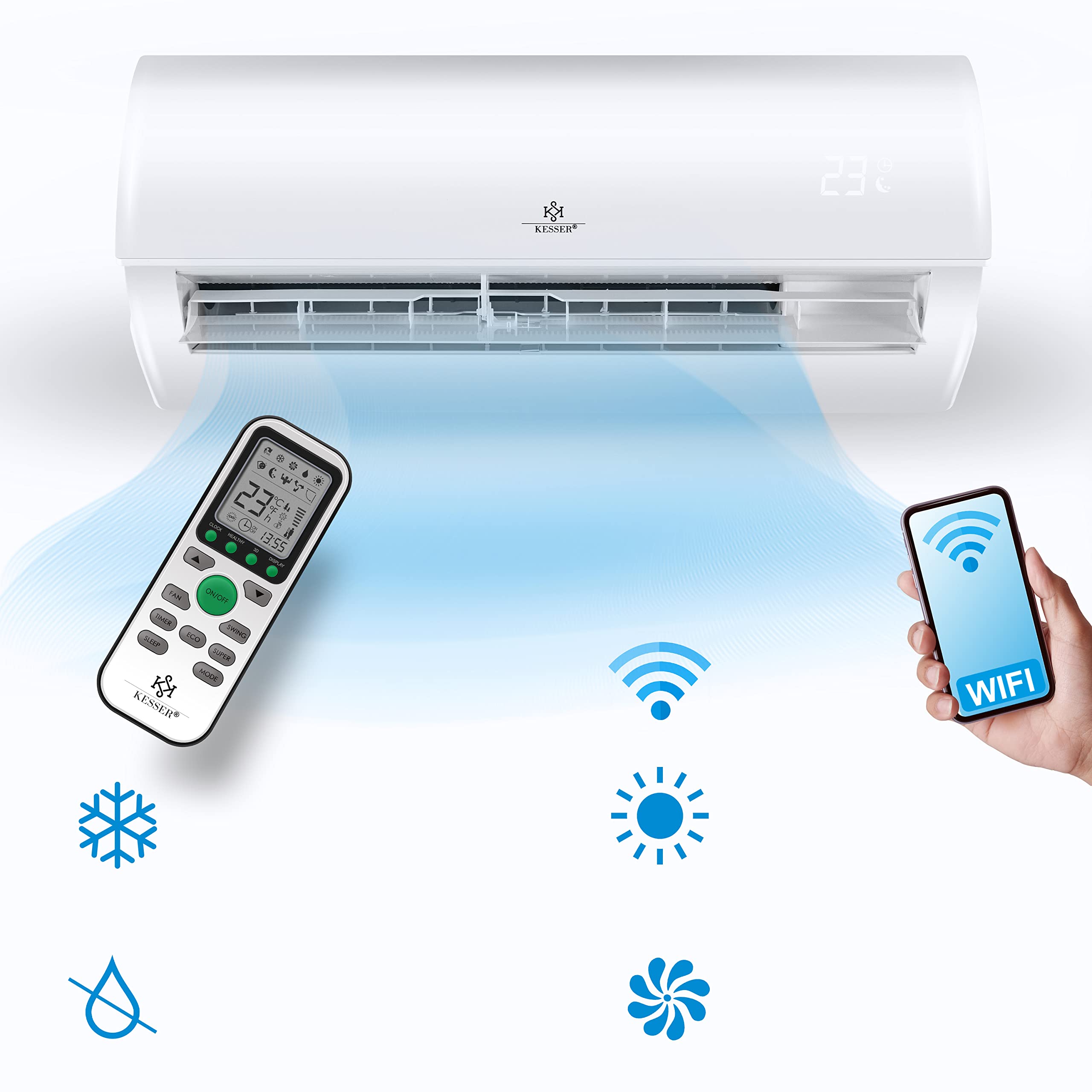 KESSER Aire Acondicionado Split 12000 BTU - WiFi/App, R32, LCD, Mando, 3400W
