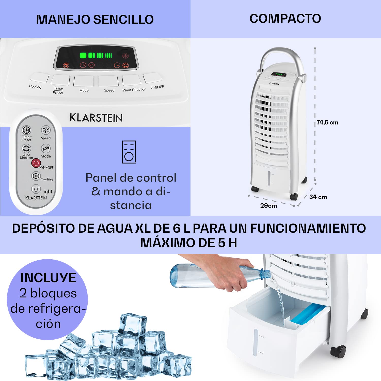 Klarstein Aire Acondicionado Portátil 4 en 1 Silencioso con Humidificador, Purificador y Ventilador