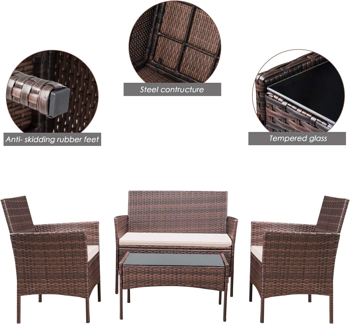 JINPALAY Set Jardín 4 Pzas: 2 Sillones + Sofá Doble + Mesa, Ratán