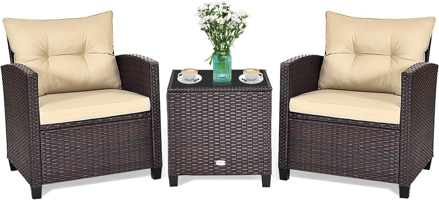GIANTEX Set Jardín 3 Pzas: 2 Sillones + Mesa Vidrio, Ratán, Marrón Oscuro