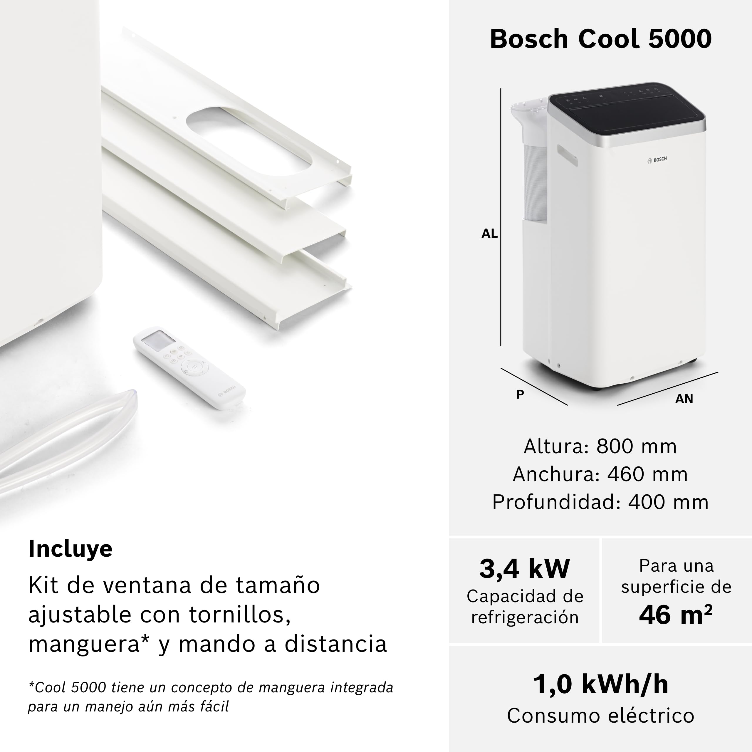 Bosch Cool 5000 Aire Acondicionado Portátil 3 en 1 3,5kW para Habitaciones hasta 35m², Modo Silencioso y Modo Sleep