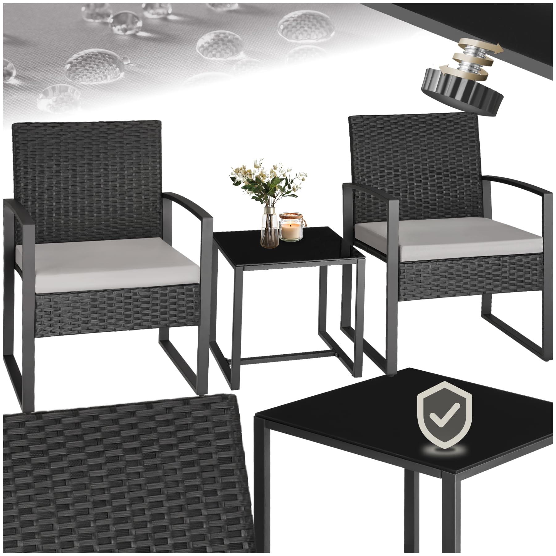 TecTake Set Jardín 2 Personas: 2 Sillas Ratán + Mesa Vidrio, Fundas Extraíbles