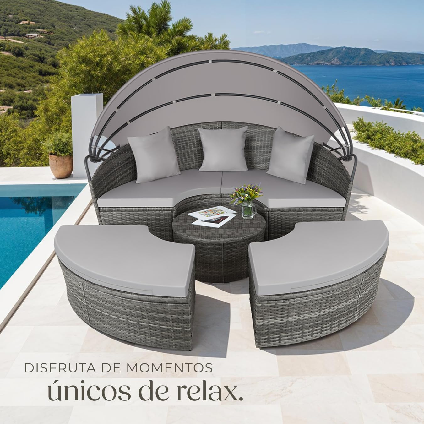 TecTake Isla Ratán con Toldo Corredizo, Cojines, Estructura Acero, UV, Gris