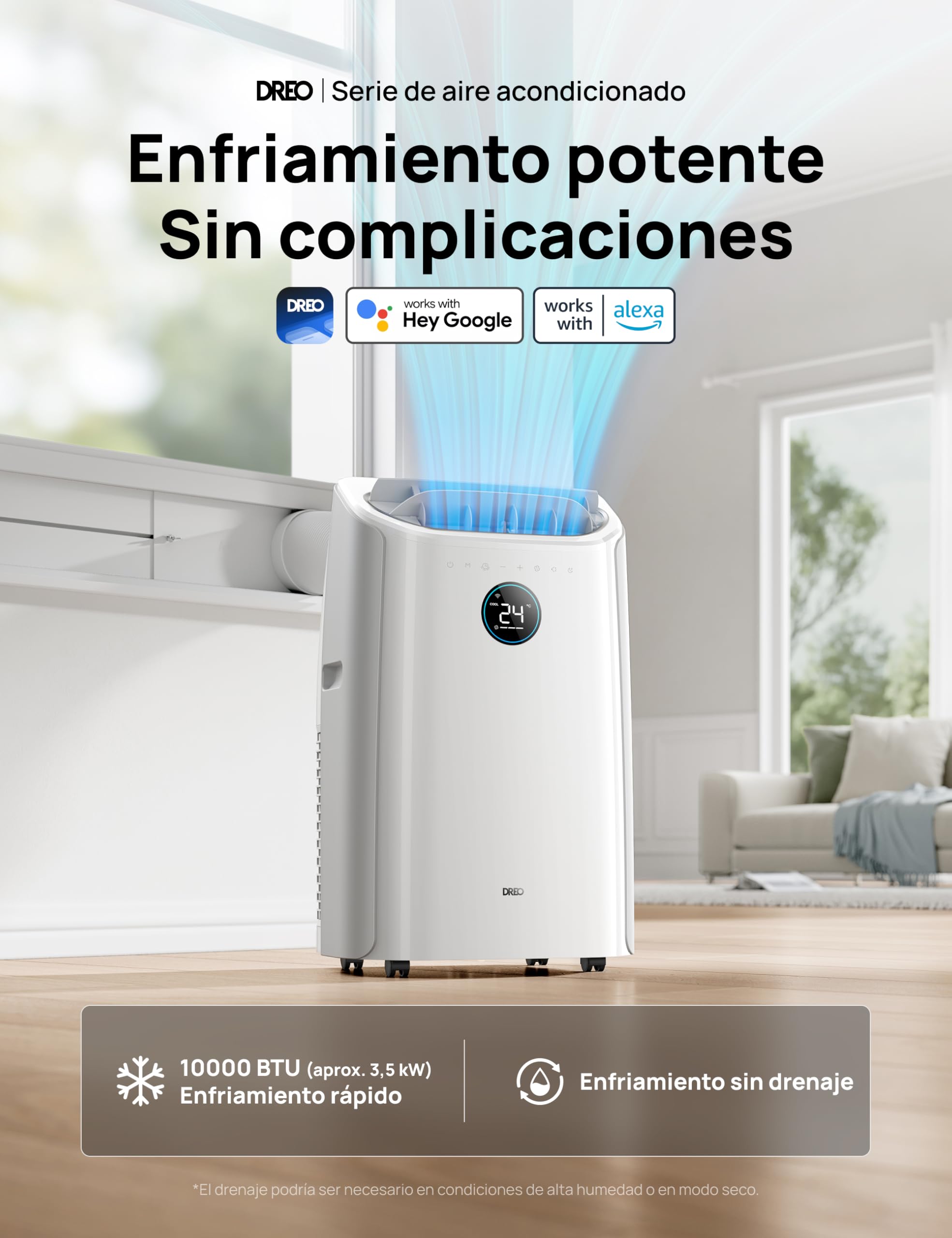 DREO Aire Acondicionado Portátil 10000 BTU - Control por App/Voz, Silencioso, Sin Drenaje, Temporizador 24h, Deshumidificador