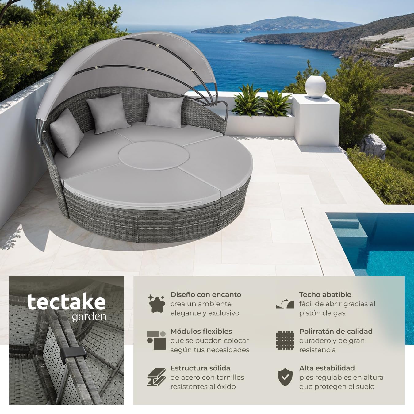 TecTake Isla Ratán con Toldo Corredizo, Cojines, Estructura Acero, UV, Gris