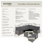 TecTake Set Esquina Ratán 5 Pzas: Sofá + 2 Taburetes + Mesa, Gris/Beige