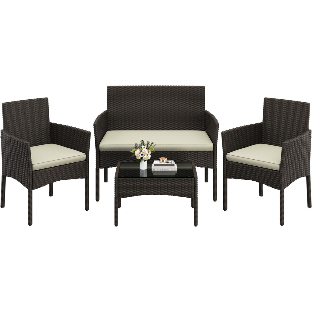 Yaheetech Set Ratán 4 Pzas: Sofá + 2 Sillones + Mesa Vidrio, Marrón/Beige