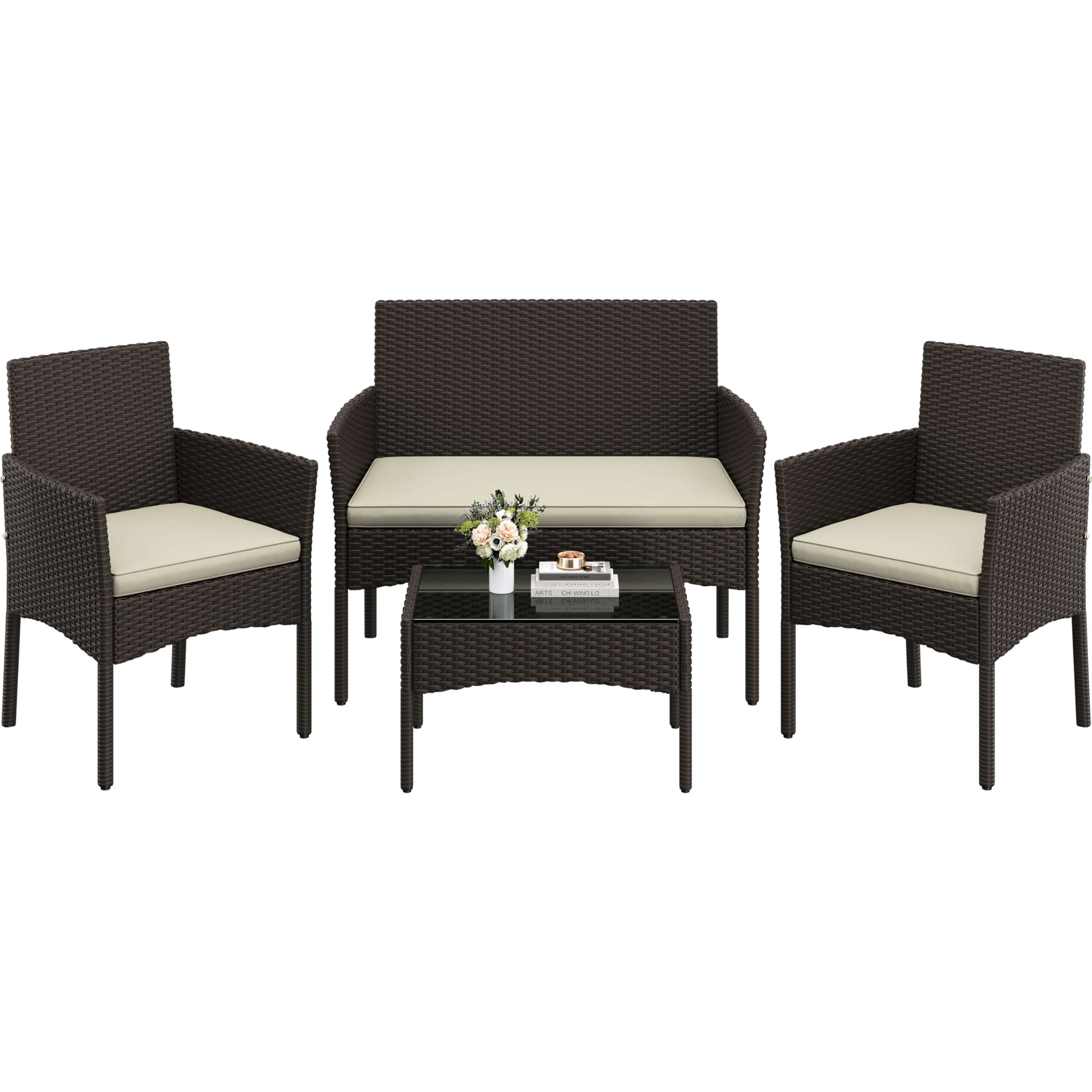 Yaheetech Set Ratán 4 Pzas: Sofá + 2 Sillones + Mesa Vidrio, Marrón/Beige