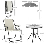 Outsunny Set Jardín 6 Pzas: Mesa Vidrio + 4 Sillas Plegables + Sombrilla, Crema
