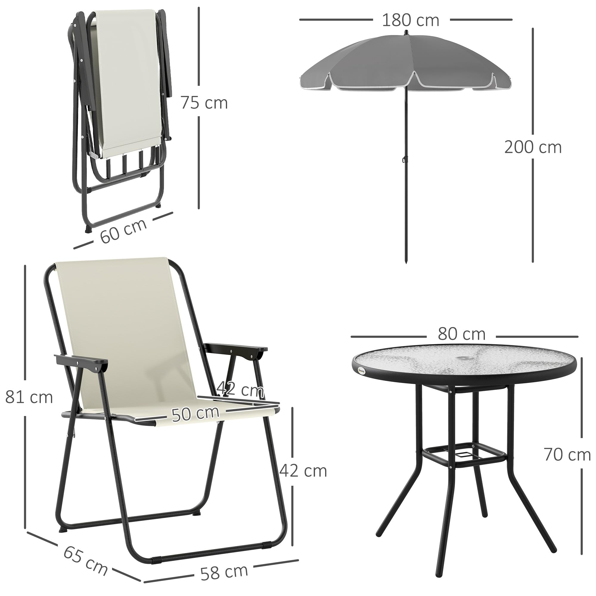 Outsunny Set Jardín 6 Pzas: Mesa Vidrio + 4 Sillas Plegables + Sombrilla, Crema