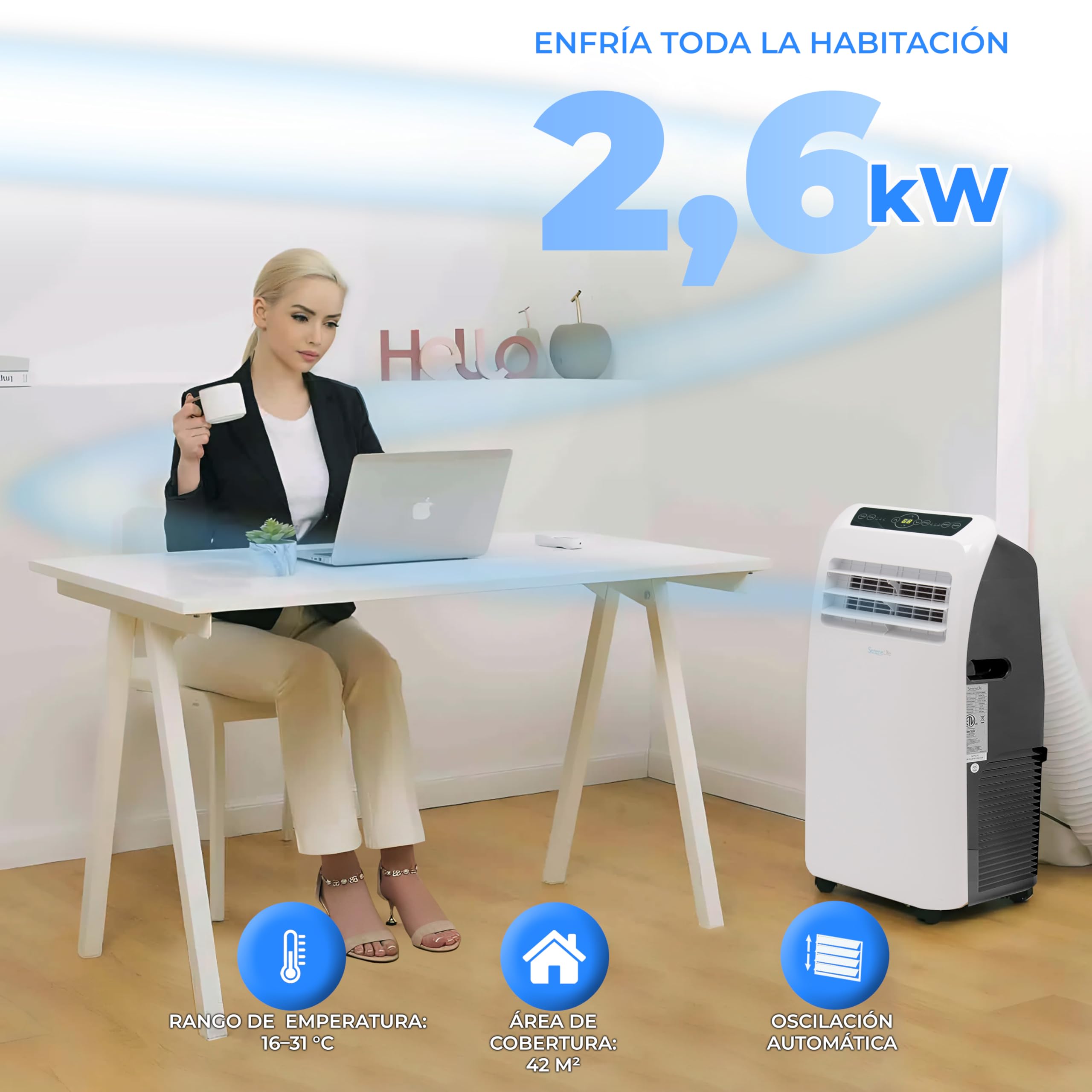 SereneLife Aire Acondicionado Portátil 9000 BTU Calefacción y Deshumidificador con Mando