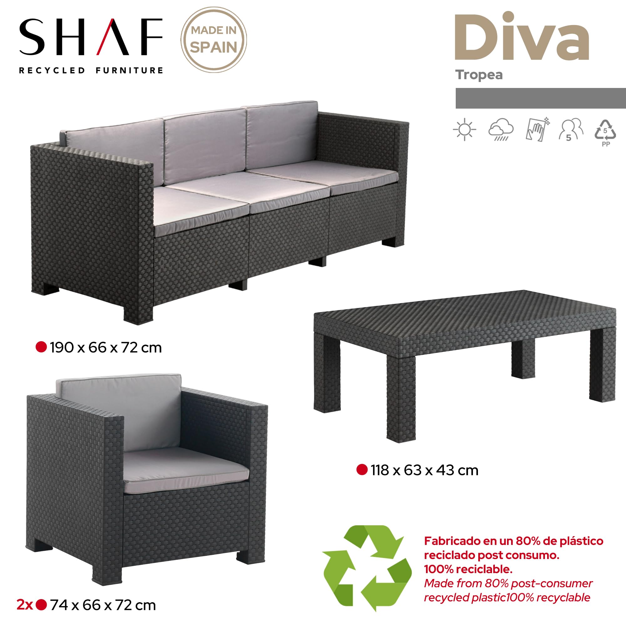 SP Berner Set Diva Tropea Grafito: Sofá 3P + 2 Sillones + Mesa, Reciclado