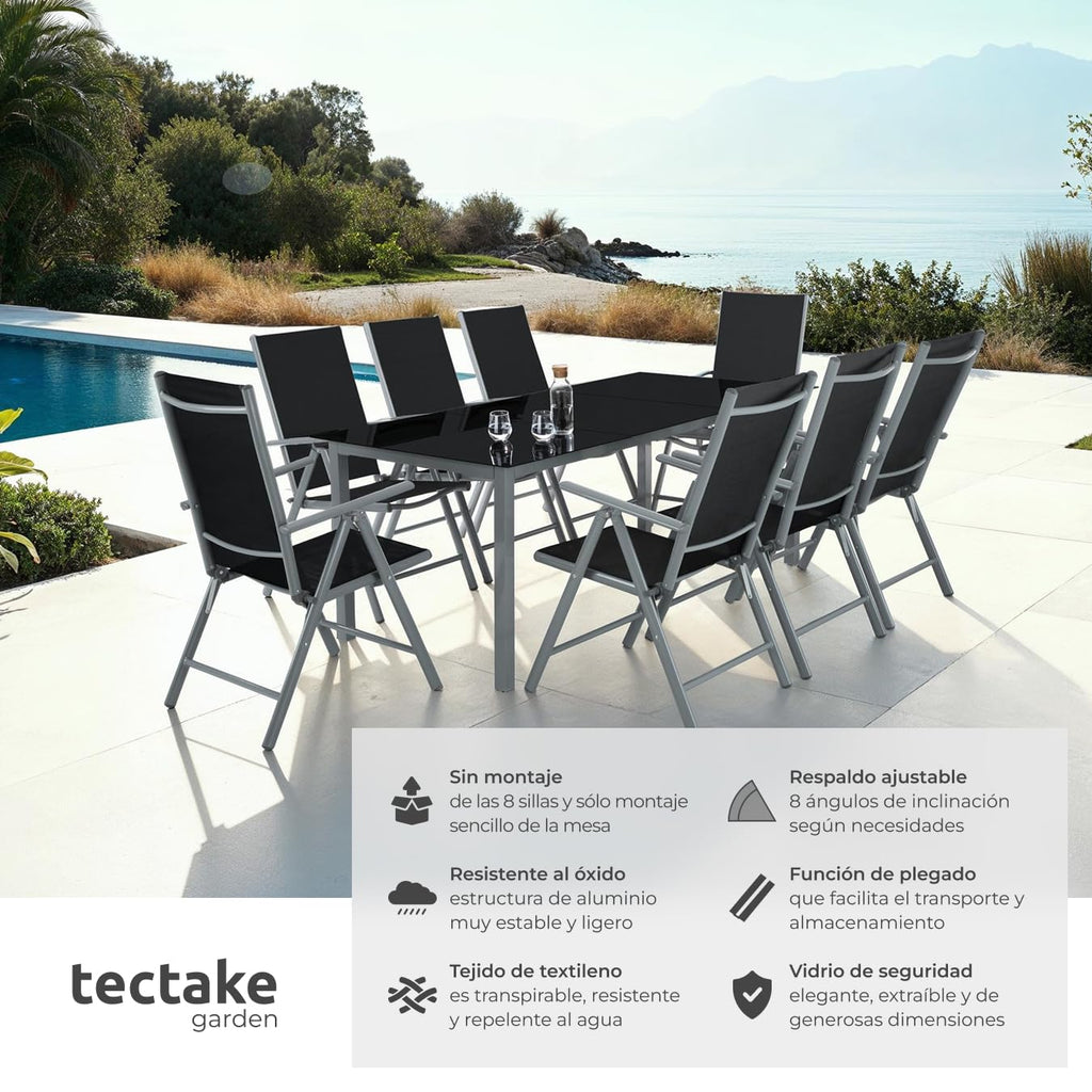 TecTake Set Jardín 9 Pzas Aluminio: Sillas Reclinables + Mesa, Tela Transpirable