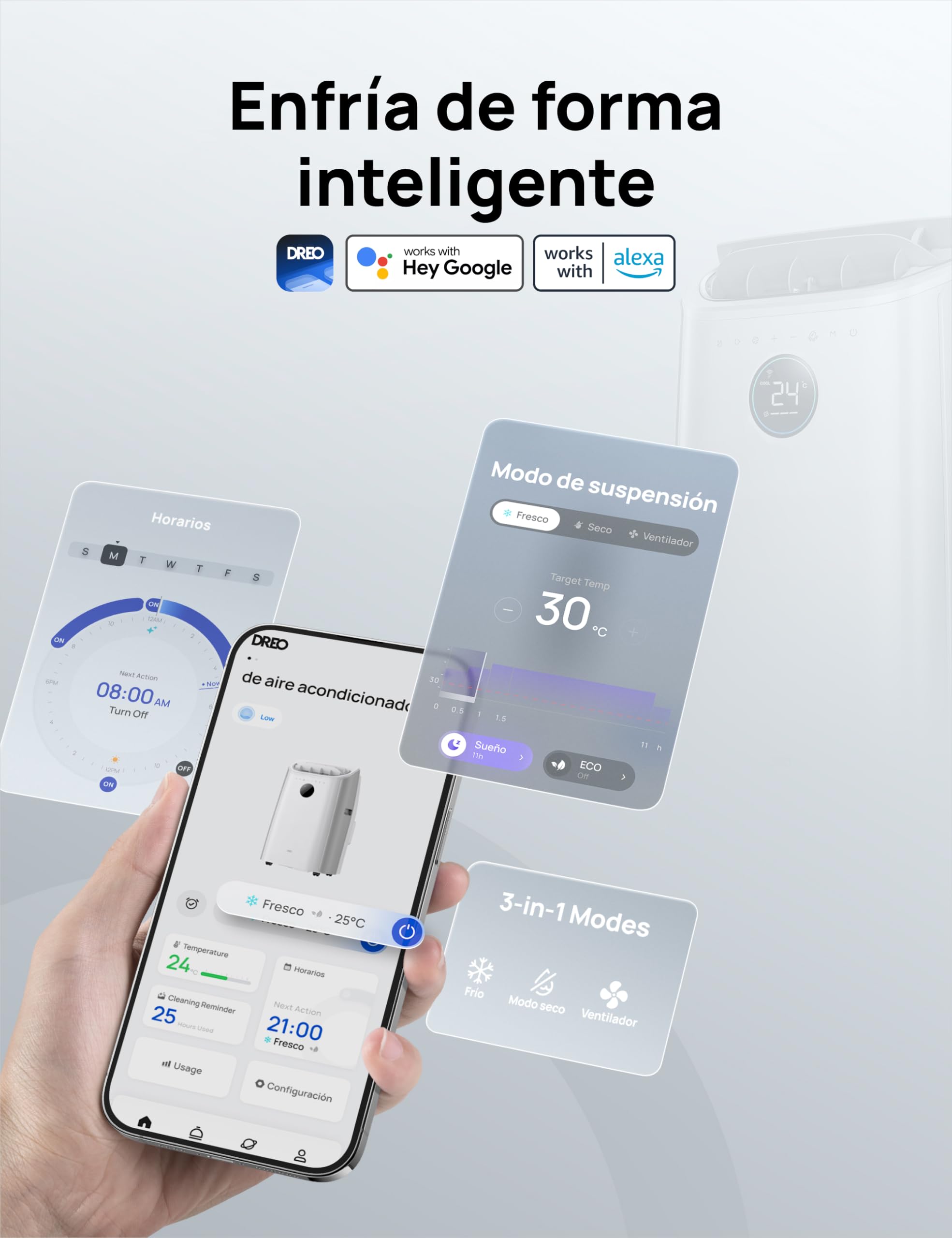DREO Aire Acondicionado Portátil 10000 BTU - Control por App/Voz, Silencioso, Sin Drenaje, Temporizador 24h, Deshumidificador