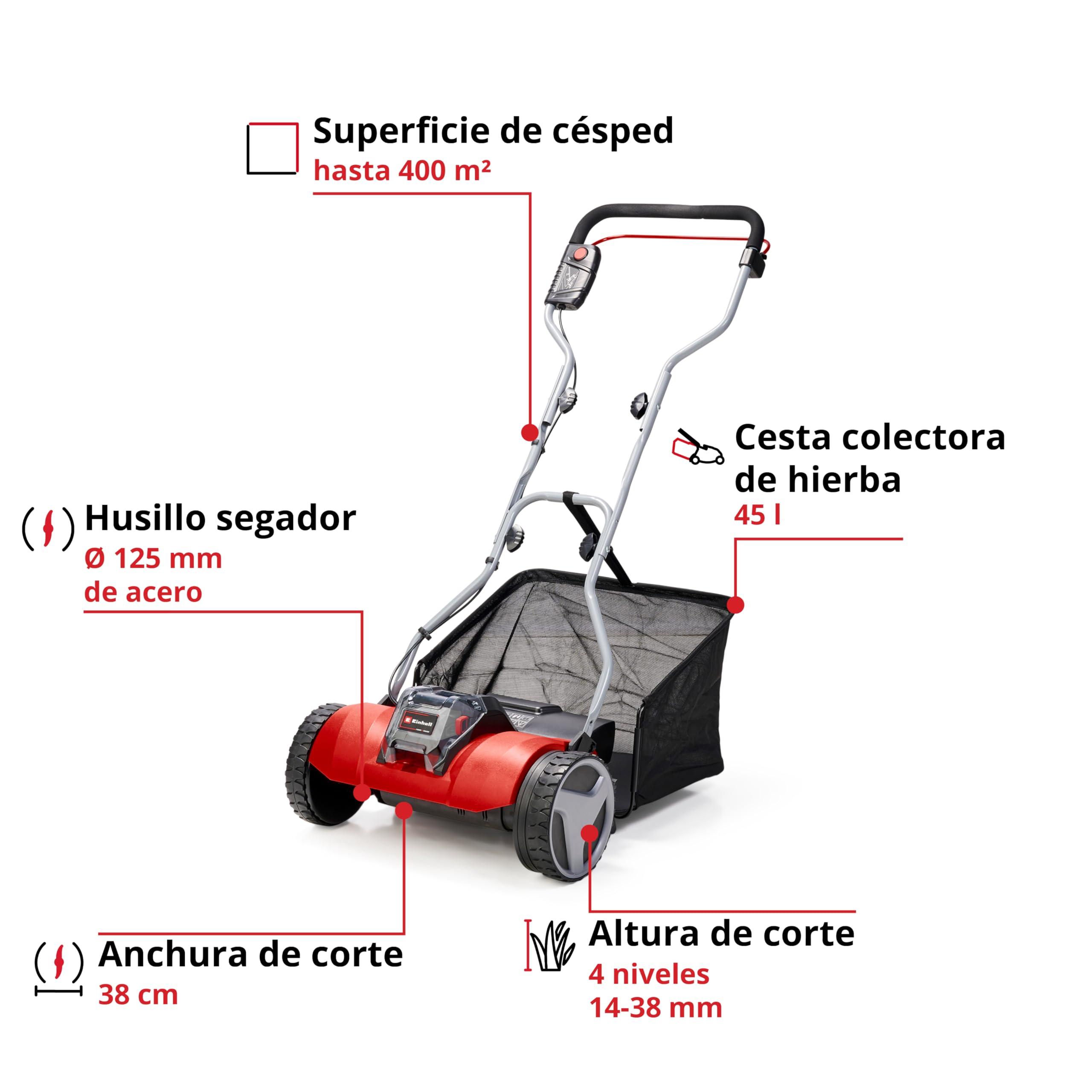 Einhell GE-HM 18/38 Li Solo Cortacésped Manual Batería 38cm, 5 Cuchillas