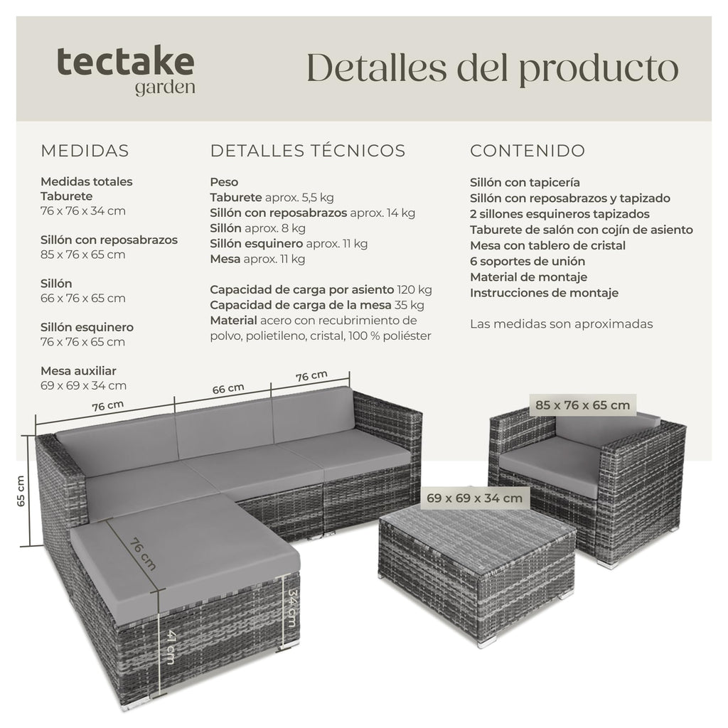 TecTake Set Jardín Ratán/Acero: 4 Sillones + Mesa Cristal + Puf, Cojines, Gris