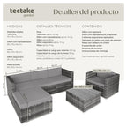 TecTake Set Jardín Ratán/Acero: 4 Sillones + Mesa Cristal + Puf, Cojines, Gris