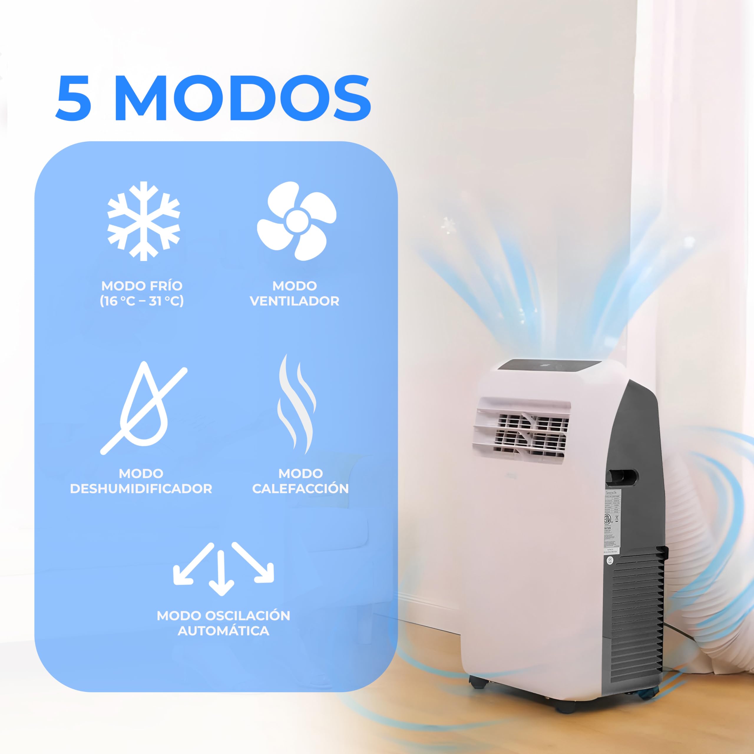 SereneLife Aire Acondicionado Portátil 9000 BTU Calefacción y Deshumidificador con Mando