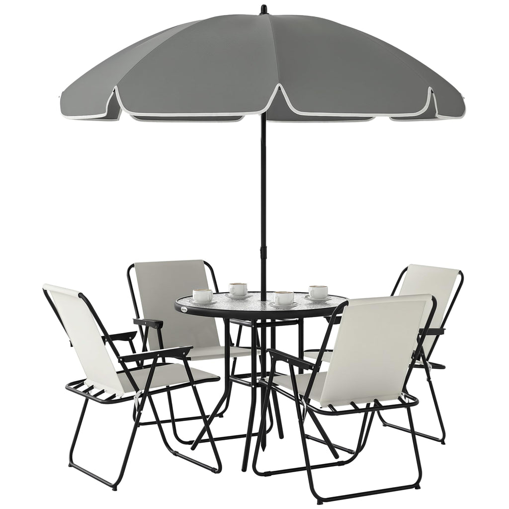 Outsunny Set Jardín 6 Pzas: Mesa Vidrio + 4 Sillas Plegables + Sombrilla, Crema