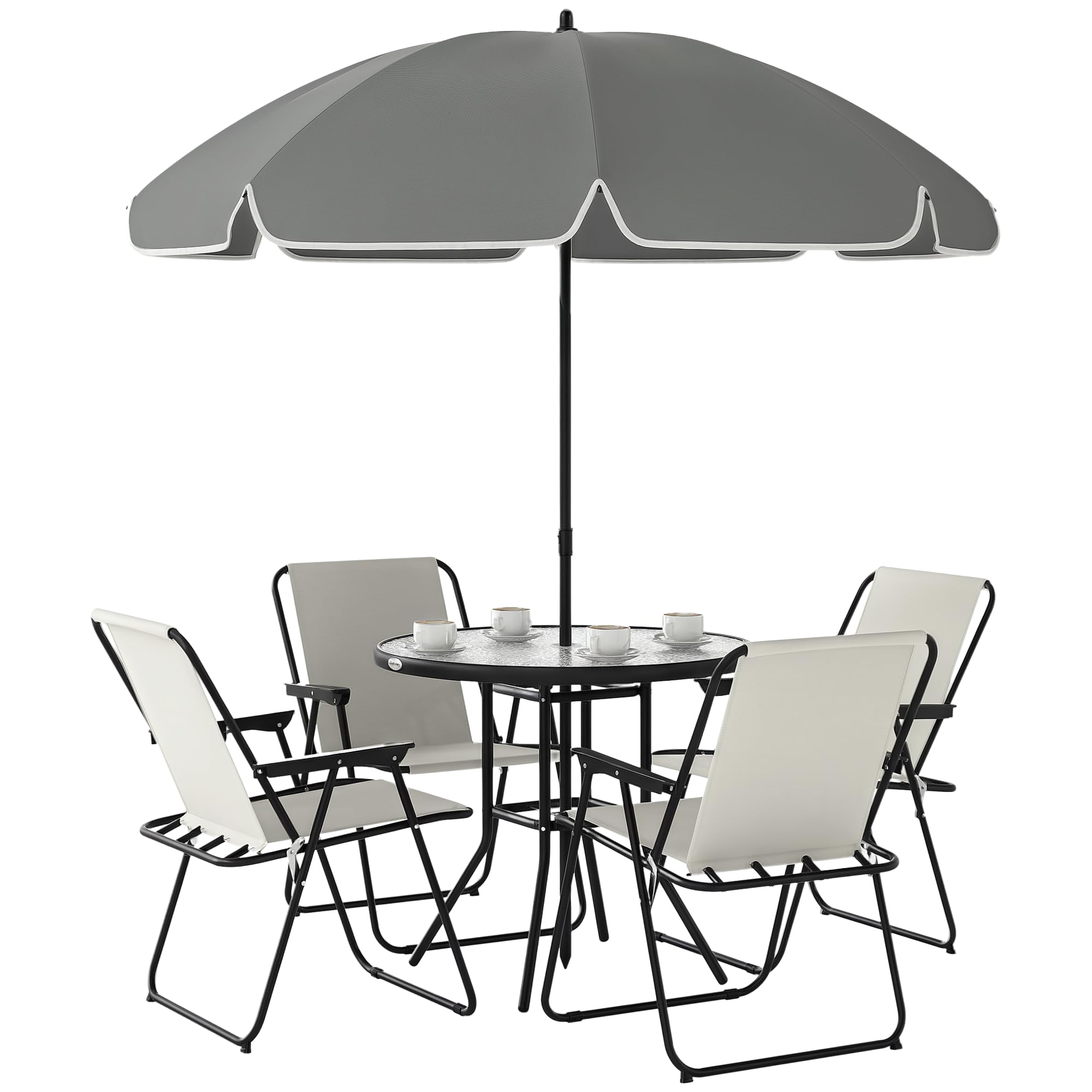 Outsunny Set Jardín 6 Pzas: Mesa Vidrio + 4 Sillas Plegables + Sombrilla, Crema