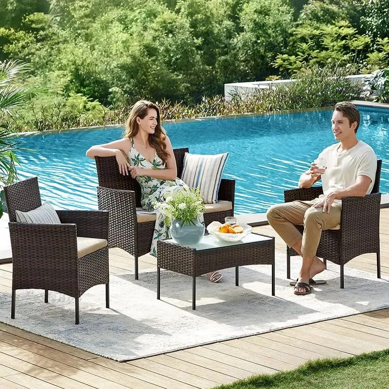 JINPALAY Set Jardín 4 Pzas: 2 Sillones + Sofá Doble + Mesa, Ratán