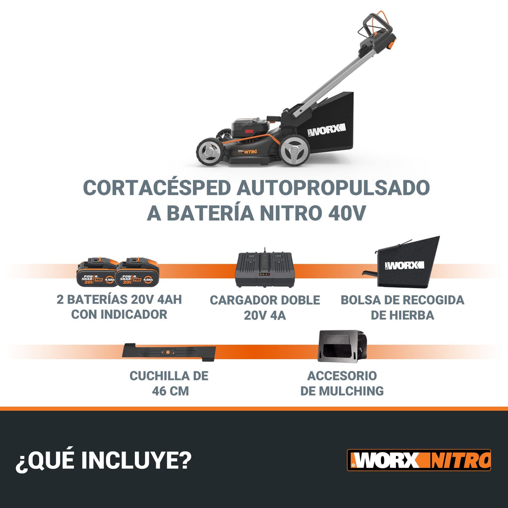 WORX WG749E Nitro Cortacésped 40V 46cm, Tracción, Mulching, 7 Alturas, 2 Baterías