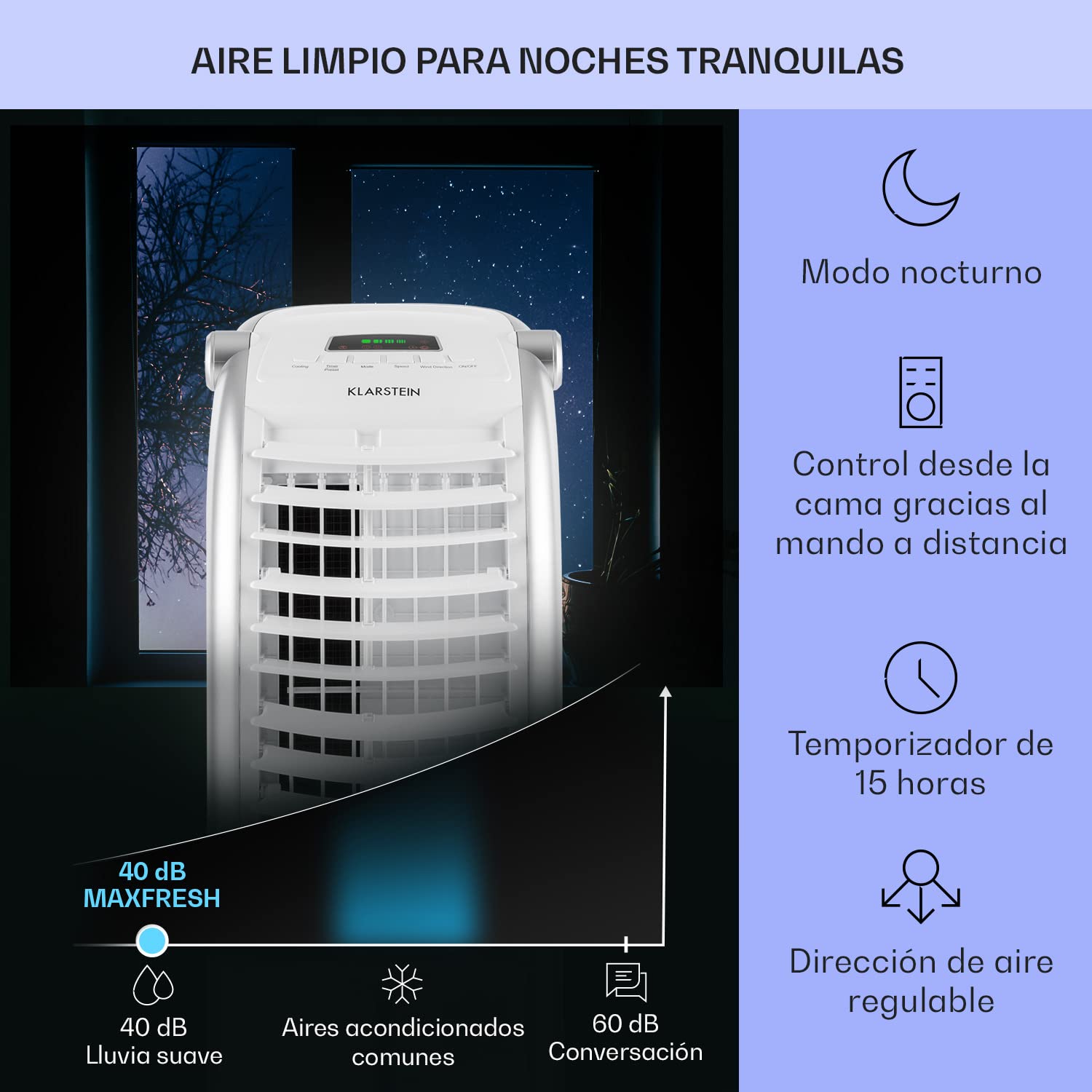 Klarstein Aire Acondicionado Portátil 4 en 1 Silencioso con Humidificador, Purificador y Ventilador