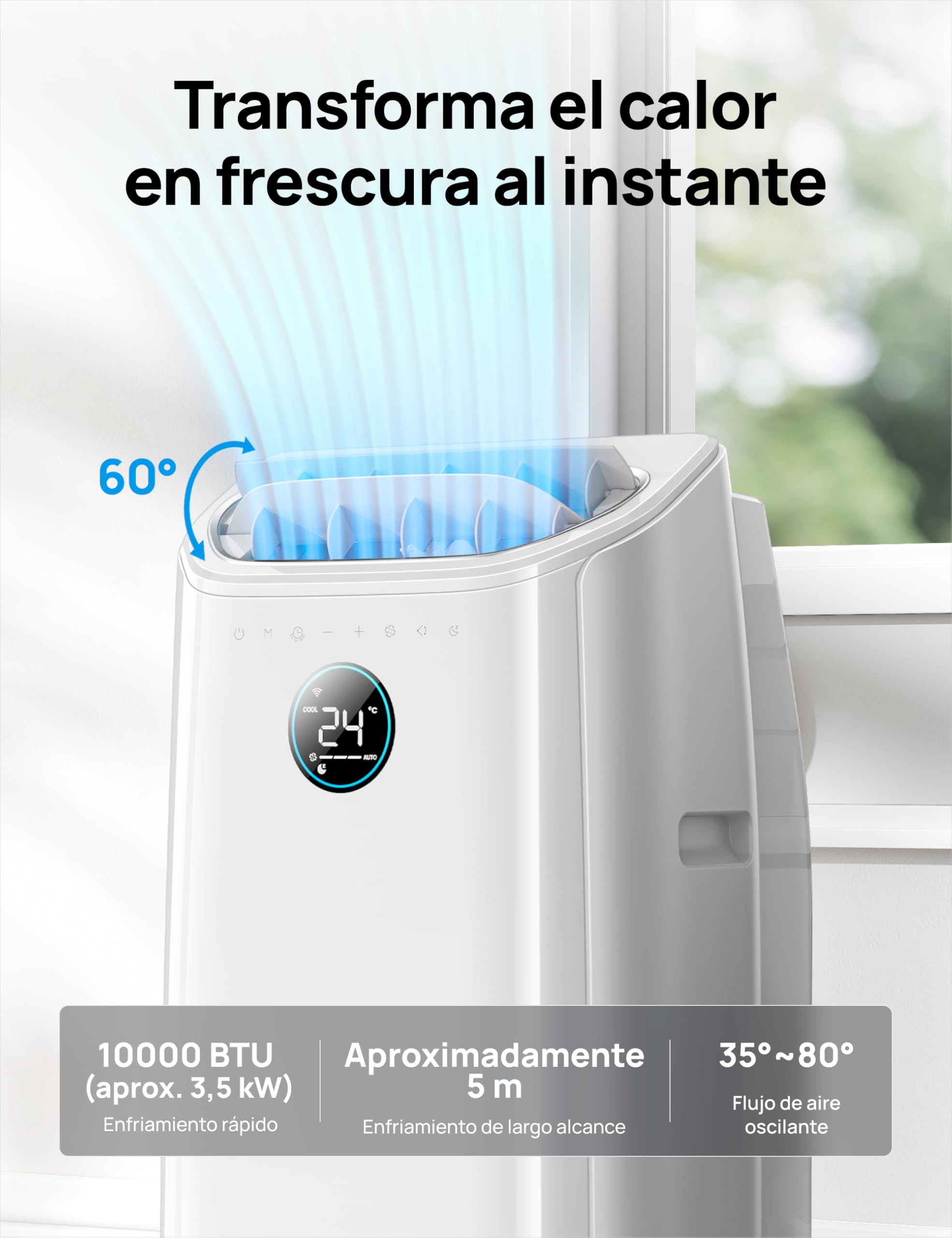 DREO Aire Acondicionado Portátil 10000 BTU - Control por App/Voz, Silencioso, Sin Drenaje, Temporizador 24h, Deshumidificador