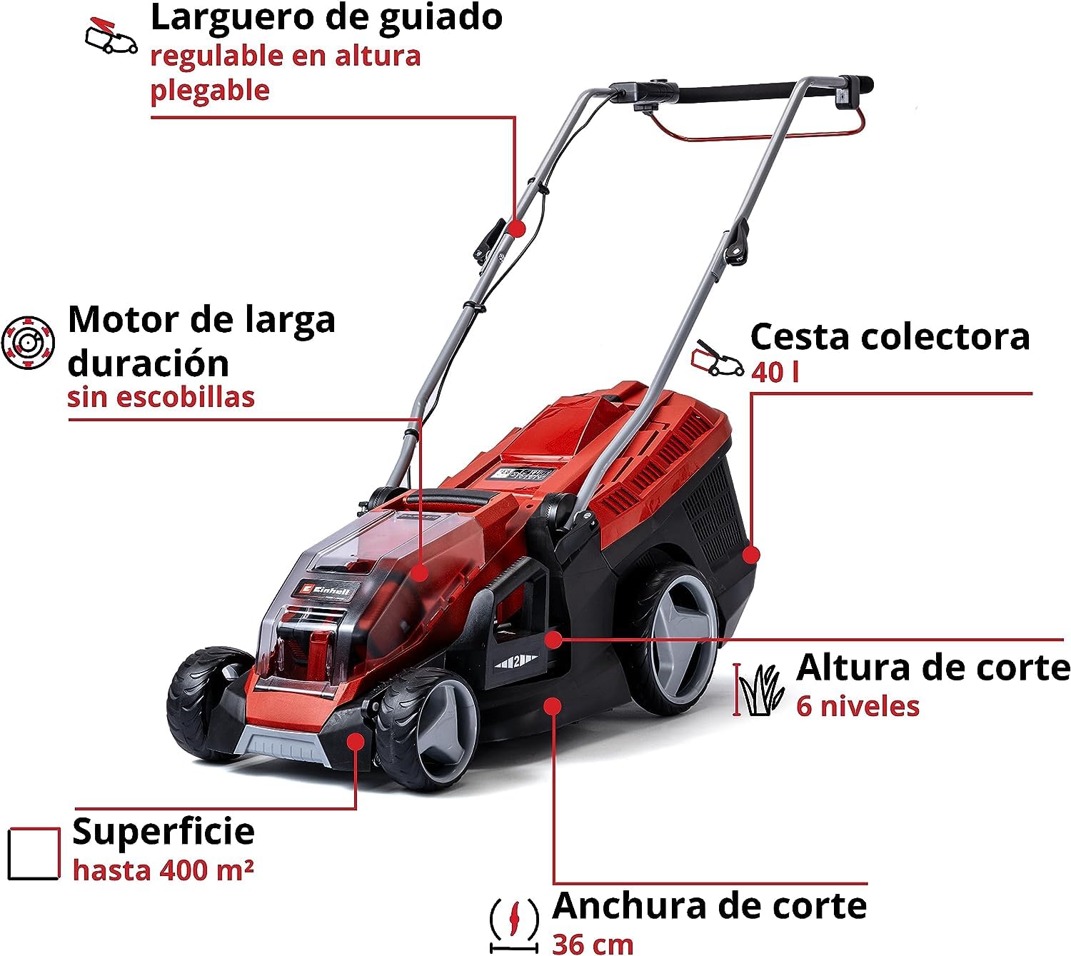 Einhell GE-CM 36/36 Li Kit Cortacésped Batería 36cm 400m², Brushless, 40L, 2 Baterías