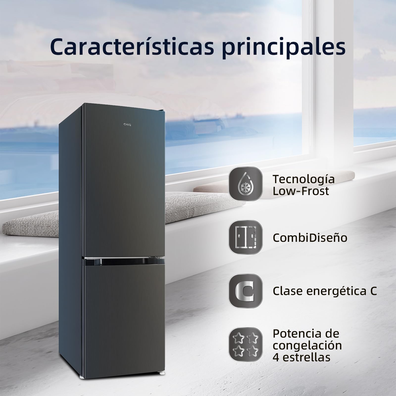 CHiQ Frigorífico Combi 157L Low Frost, 144cm, 39dB, Puerta Reversible, Negro