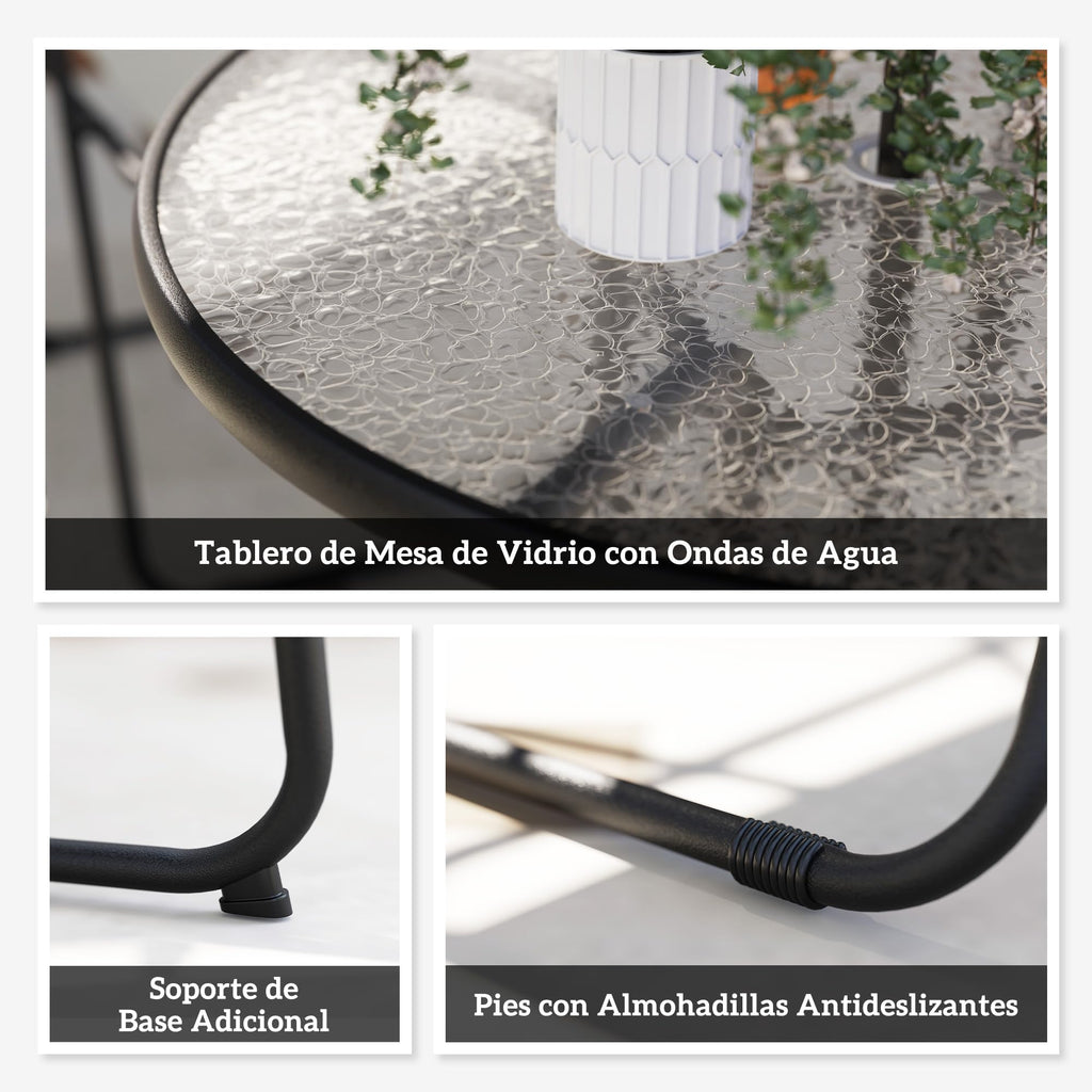 Outsunny Set Jardín 6 Pzas: Mesa Vidrio + 4 Sillas Plegables + Sombrilla, Crema