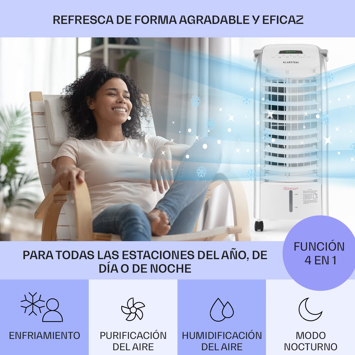 Klarstein Aire Acondicionado Portátil 4 en 1 Silencioso con Humidificador, Purificador y Ventilador