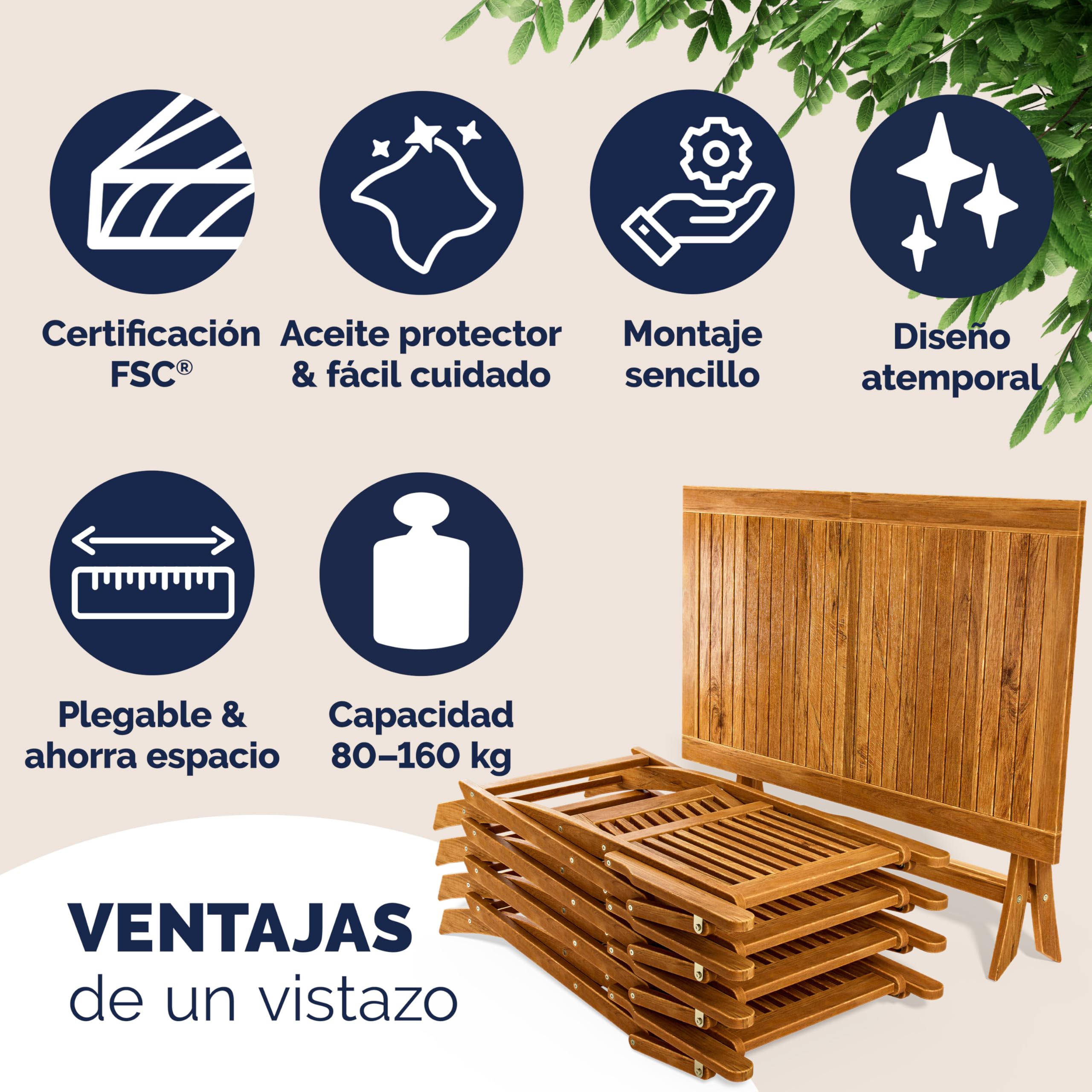CASARIA Juego Jardín Sydney: Madera Acacia FSC, 5 Pzas Plegable, 120x70cm