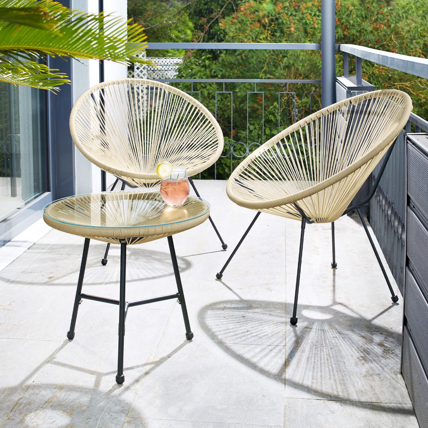 Tectake Set Acapulco Acero: 2 Sillas + Mesa Cristal, Beige, Interior/Exterior
