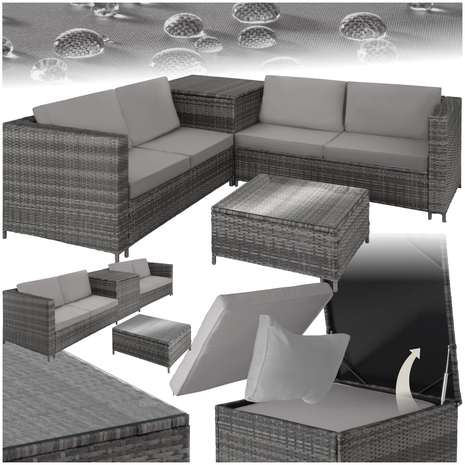 TecTake Set Ratán Combinable: 2 Sofás + Mesa + Caja, Cojines 8cm, Gris
