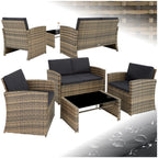Tectake Set Ratán/Acero: 2 Sillones + Sofá + Mesa Cristal, Cojines, Natural