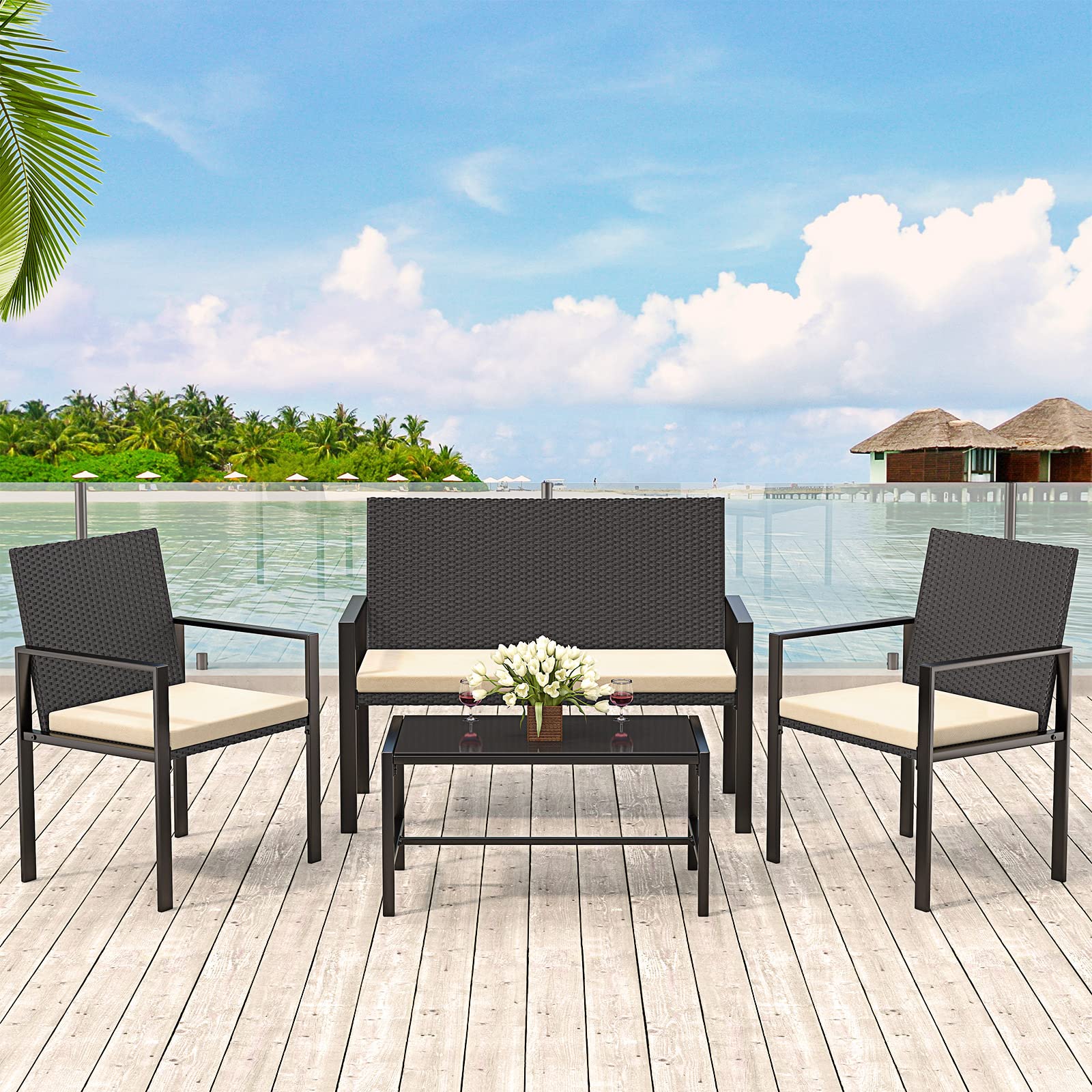 bigzzia Set Ratán 4 Pzas: 2 Sillones + Sofá 2 Plazas + Mesa, Negro