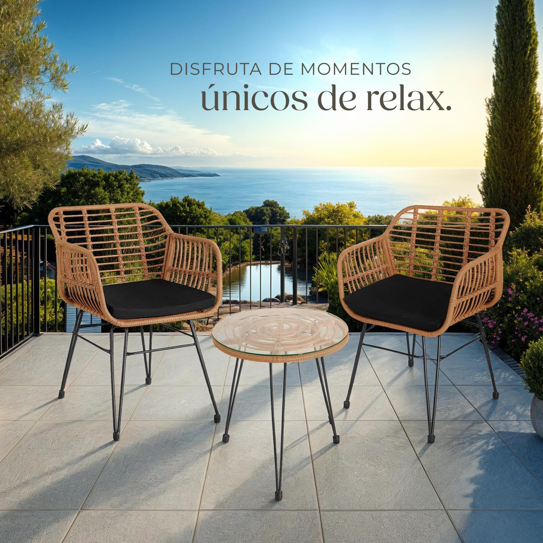 TecTake Set Jardín 2 Personas: 2 Sillas + Mesa Cristal, Cojines, Natural