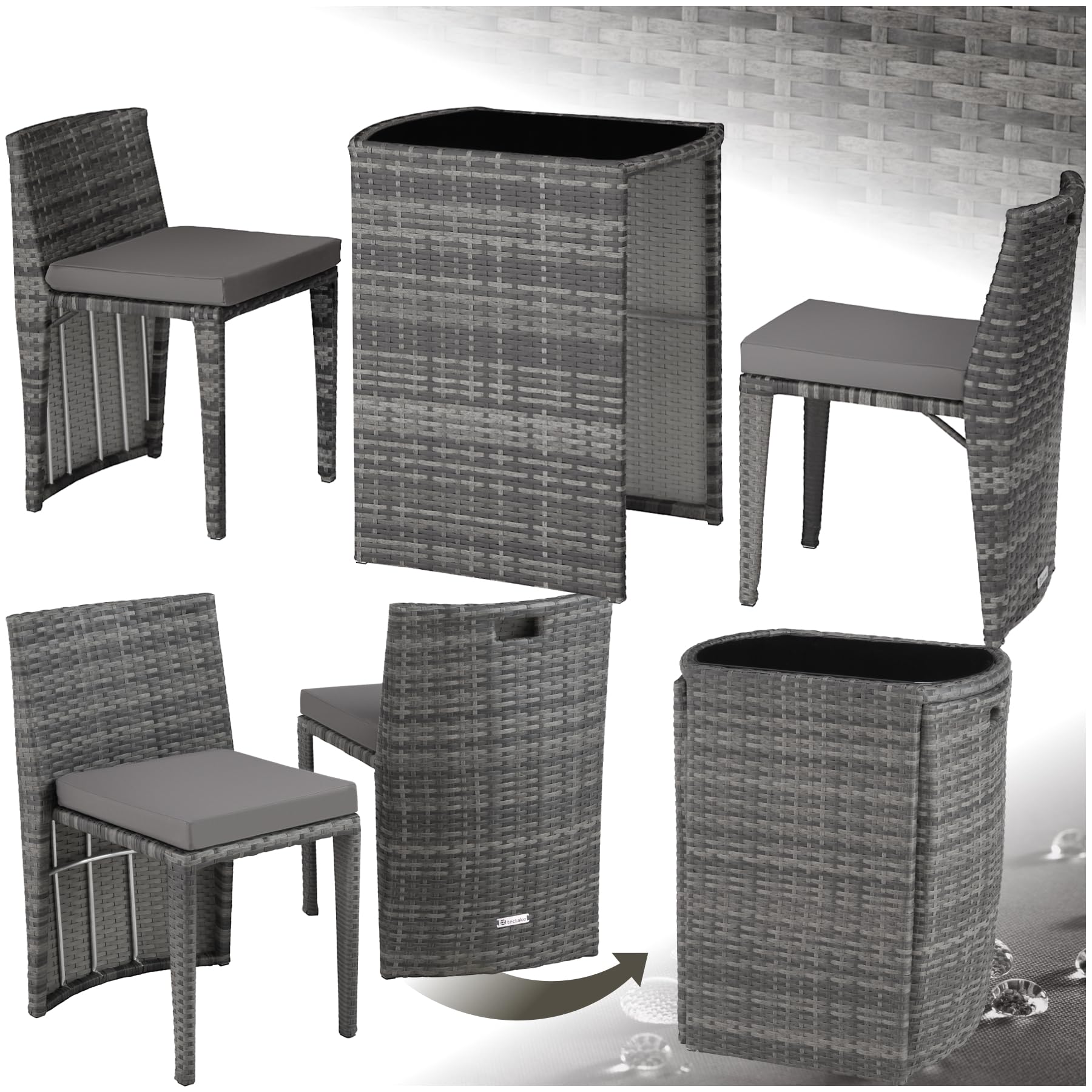 TecTake Set Jardín 2 Sillas + Mesa Cristal, Agrupable, Cojines, Gris