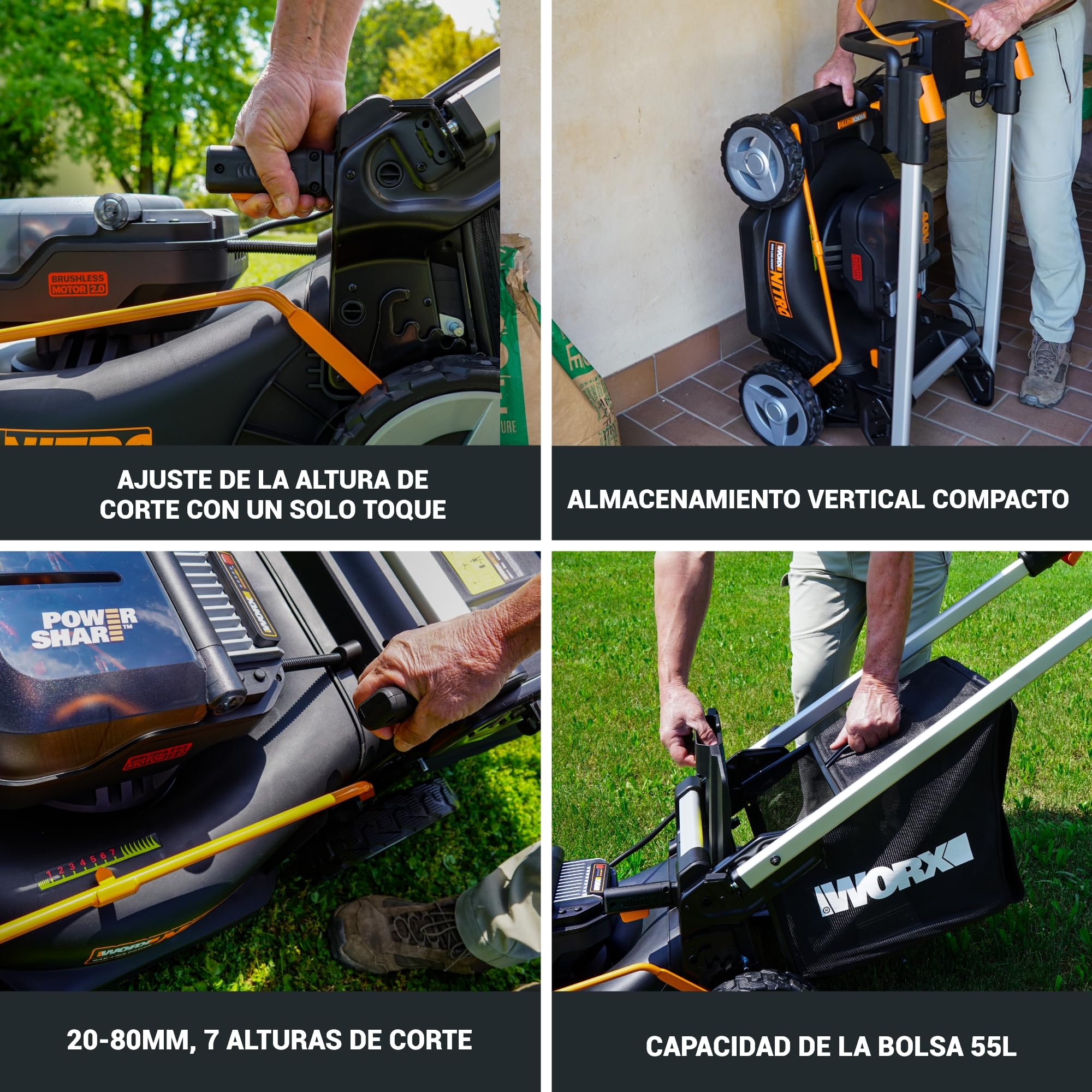 WORX WG749E Nitro Cortacésped 40V 46cm, Tracción, Mulching, 7 Alturas, 2 Baterías