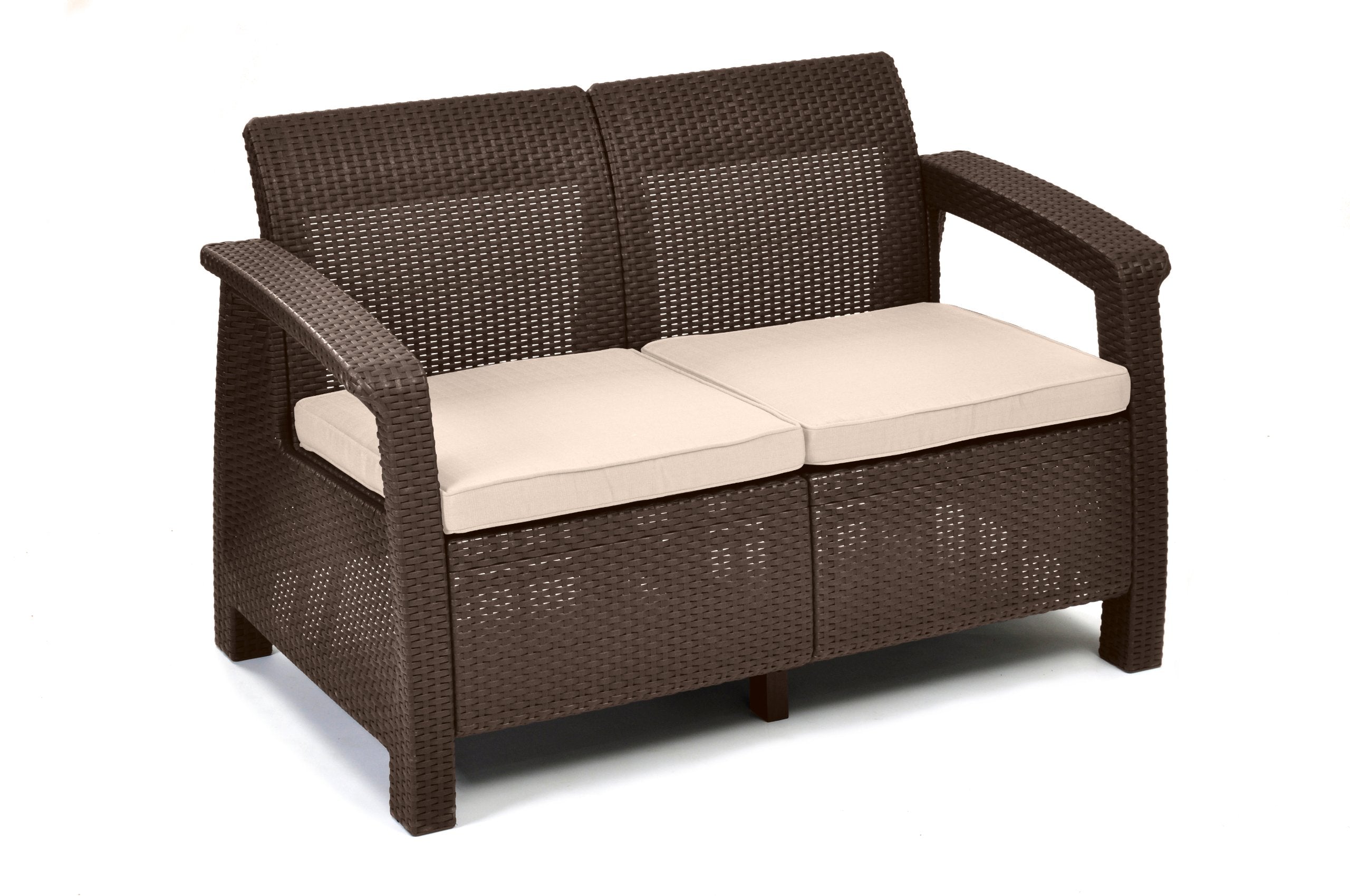Keter Corfu Set Jardín 4 Plazas + Mesa, Cojines, Ratán Plano Marrón