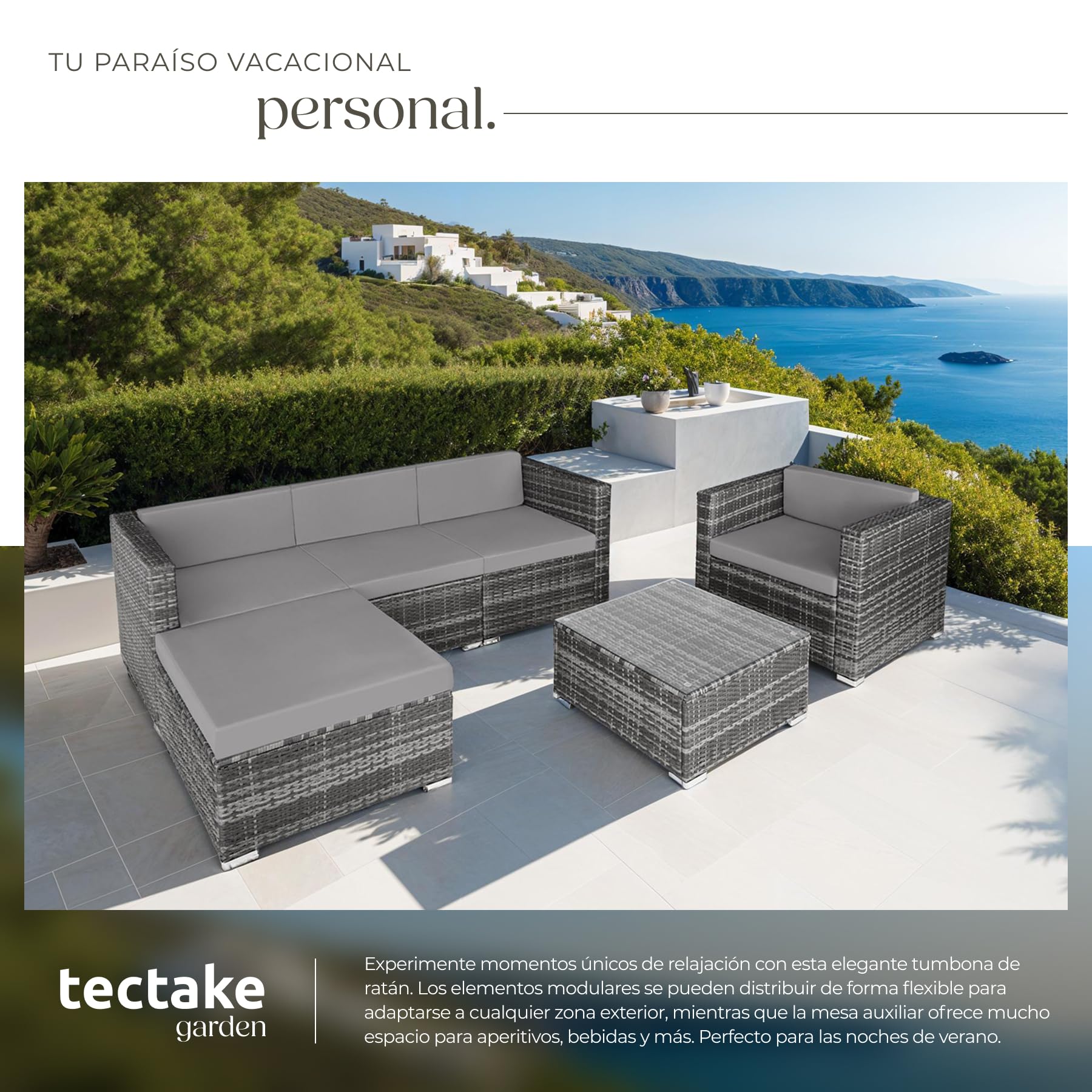TecTake Set Jardín Ratán/Acero: 4 Sillones + Mesa Cristal + Puf, Cojines, Gris