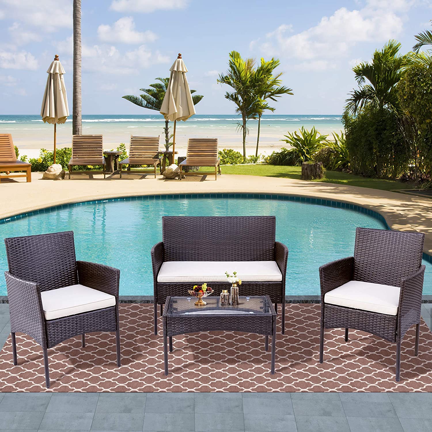 JINPALAY Set Jardín 4 Pzas: 2 Sillones + Sofá Doble + Mesa, Ratán