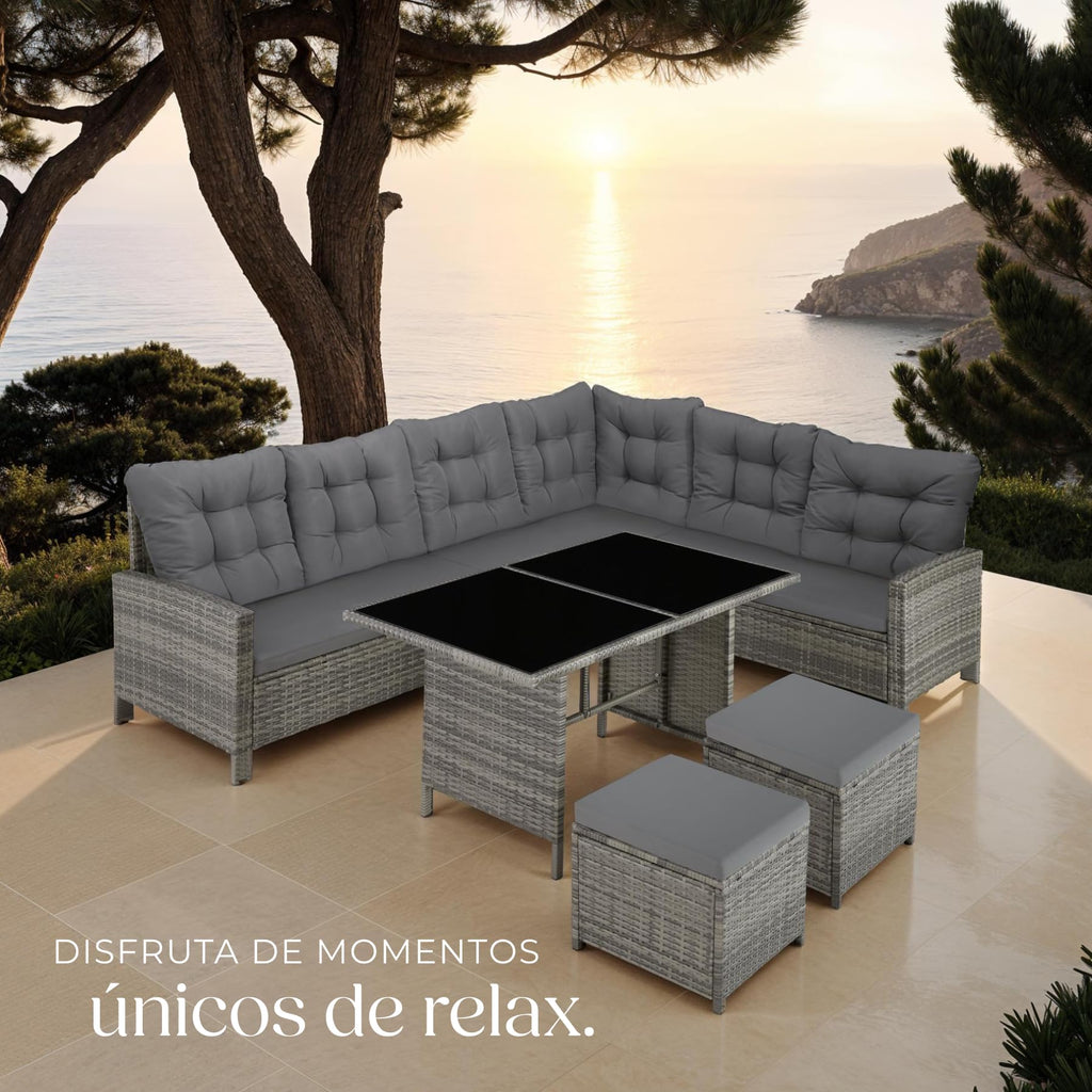 TecTake Set Esquina Ratán 5 Pzas: Sofá + 2 Taburetes + Mesa, Gris/Beige