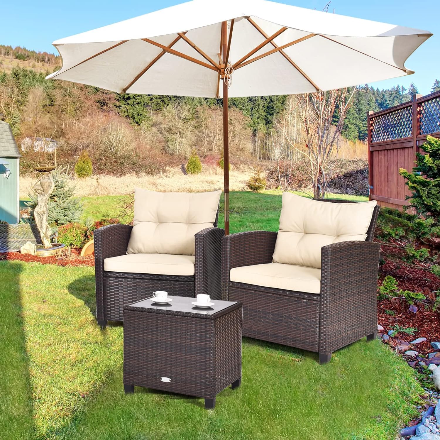 GIANTEX Set Jardín 3 Pzas: 2 Sillones + Mesa Vidrio, Ratán, Marrón Oscuro