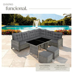 TecTake Set Esquina Ratán 5 Pzas: Sofá + 2 Taburetes + Mesa, Gris/Beige